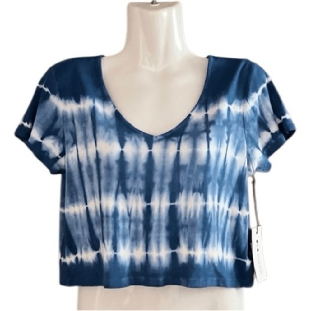 Three Dots Womens Short‎ Sleeve V Neck Cropped T-Shirt XS Blue Sky Wash Pool